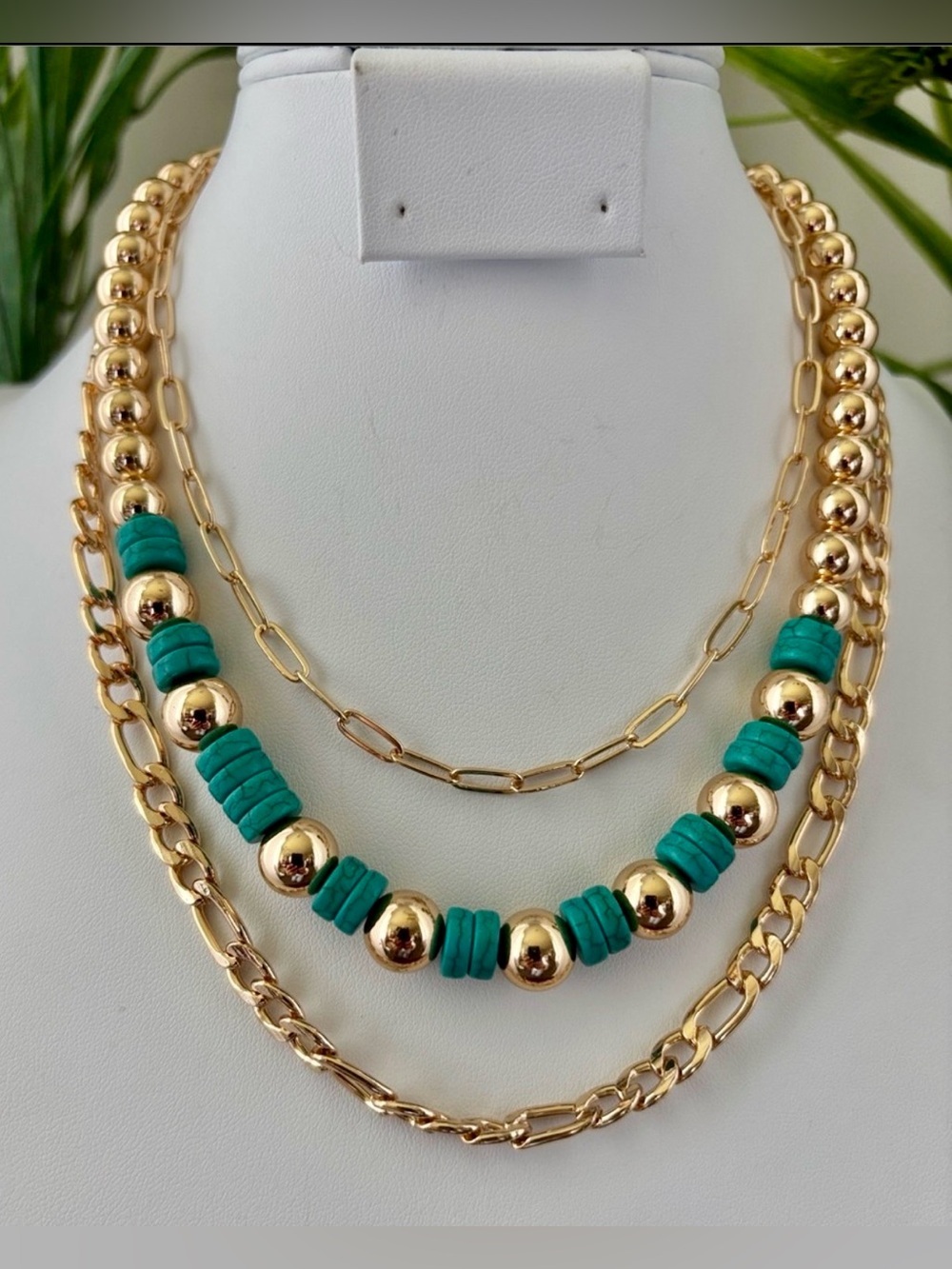 Triple Row Teal & goldtone beads, gold chains 12-16” sizes of chains.